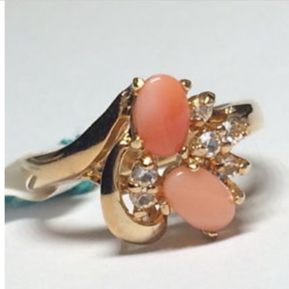 Jewelry - Gold Peach Coral CZ Cocktail Statement Ring Size 6